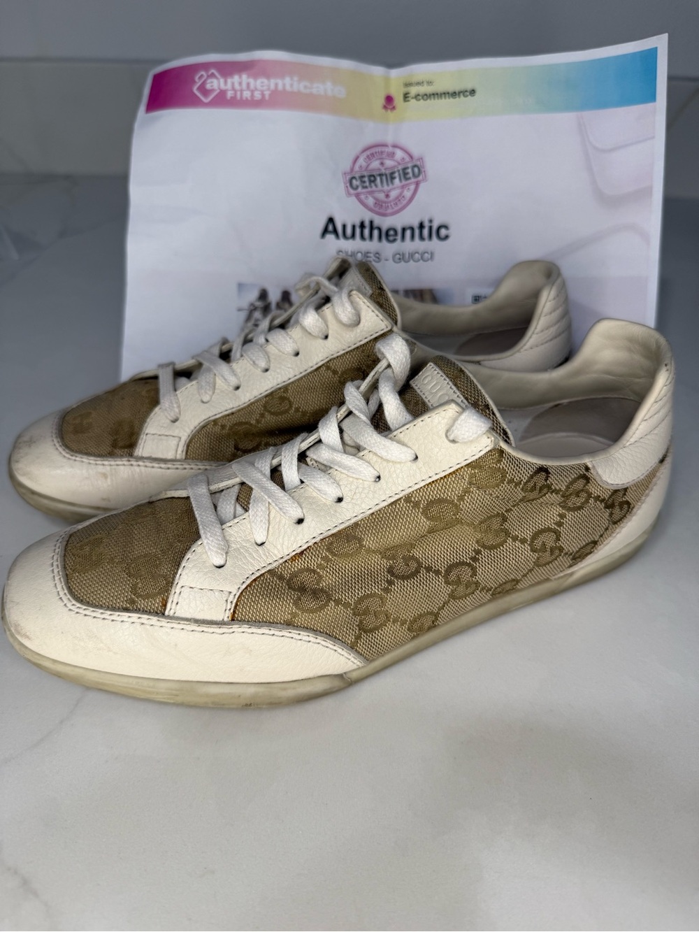Authentic Gucci GG Monogram Canvas Leather Low Top Sneakers Size 36 US 6 w/ COA